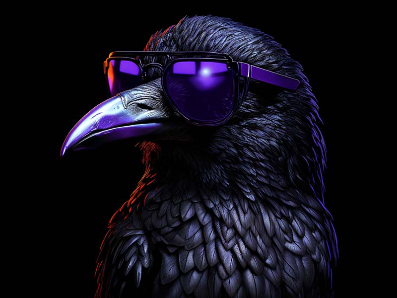 RAIVN Reserch Lab image featuring a raven wearing dark sunglasses