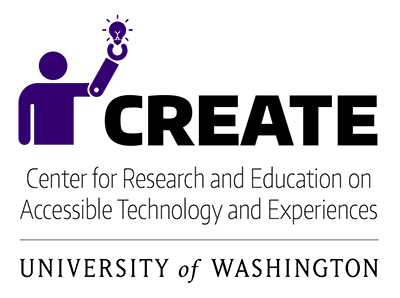 CREATE logo with avatar of person with mechanical arm holding up a lightbulb next to the word CREATE with wording underneath spelling out Center for Research and Education on Accessible Technology and Experiences University of Washington