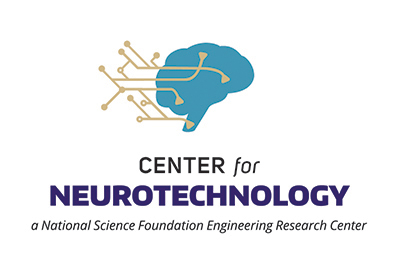 Center for Neurotechnology logo displaying graphic of a brain with line drawing of neurons extending from it and wording beneath that says a National Science Foundation Engineering Research Center