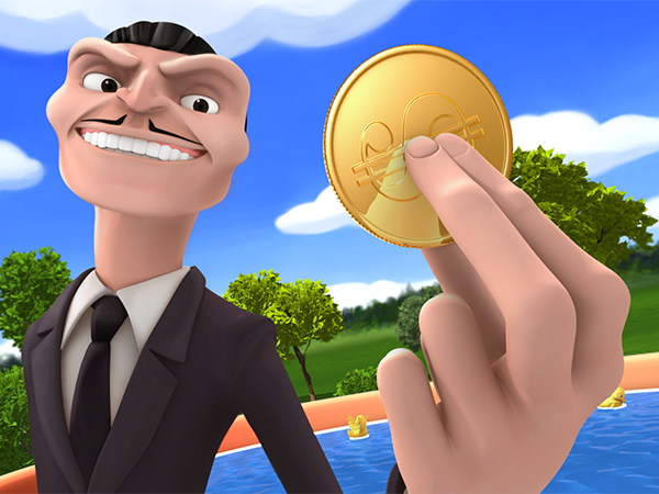 Animated scene of man with mustache holding up gold coin in front of pool of ducks against a blue sky with occasional fluffly white clouds