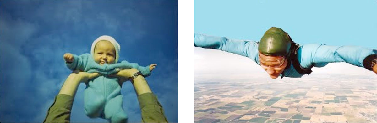 Photo collage of Kyril Faenov as a baby being lifted into the air with a bright blue sky above, and another of him skydiving while the sky is blue.