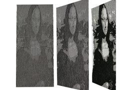 An example of illusion knitting showing a gray slate transform to the Mona Lisa.