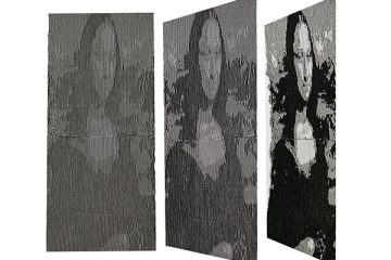 An example of illusion knitting showing a gray slate transform to the Mona Lisa.