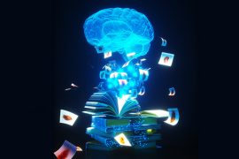 Graphic of a glowing brain with medical images emanating from it against a dark background