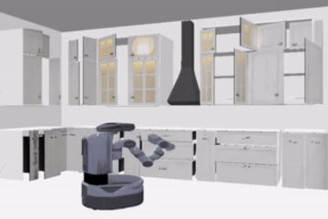 A digital rendering of a robot approaching a wall lined with kitchen cabinets and drawers